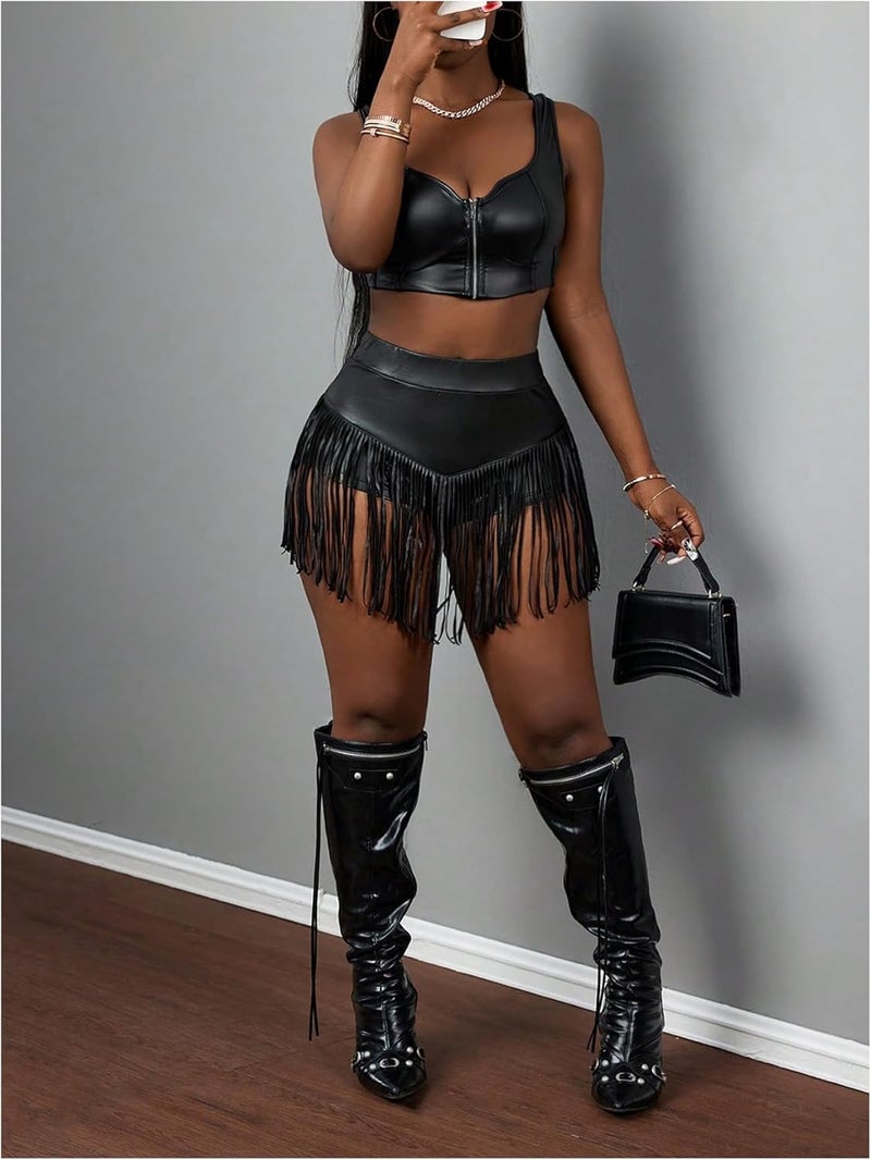 BEAUDRM Store Women's Tassel PU Leather Mini Shorts Fringe High Waisted Club Party Shorts Hot Pants Rave Clubwear - Image 4